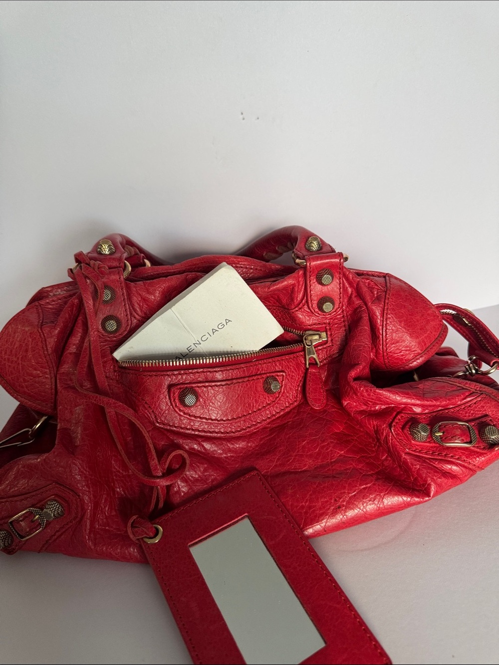Balenciaga Red Distressed Leather Shoulder Bag with Mirror Tag